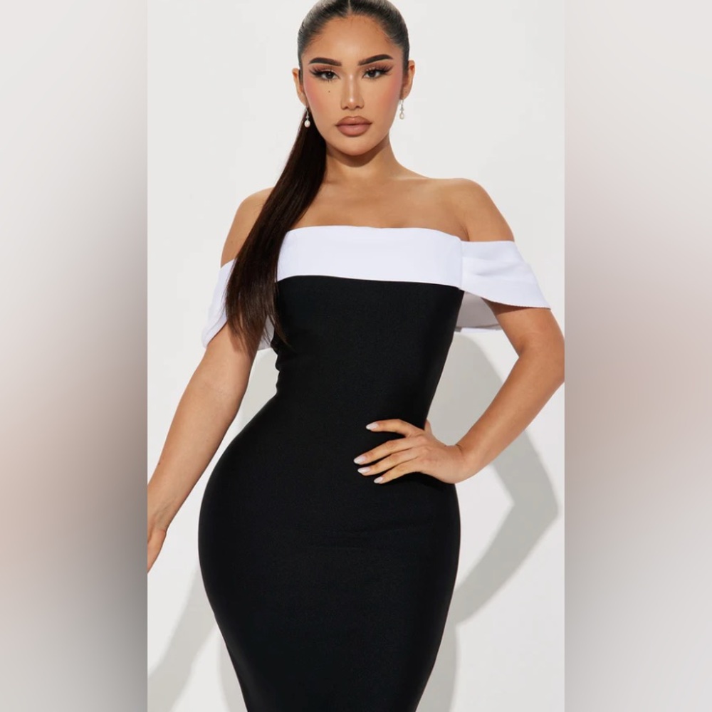 Elegant Off-Shoulder Black and White Dress
